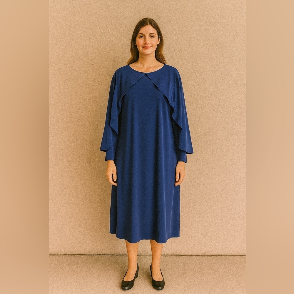 Chicos Sz 3 (XL) 16 Dress Royal Blue Drapey Cape Stretch Knit Classic Office